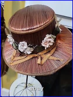 Antique Lady Wide Brim Hat Woven Straw Fabric Flowers Gold Metalic Fabric 1900