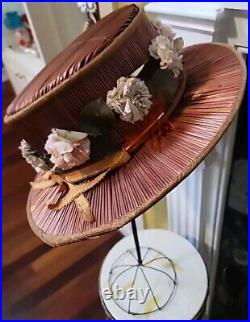 Antique Lady Wide Brim Hat Woven Straw Fabric Flowers Gold Metalic Fabric 1900