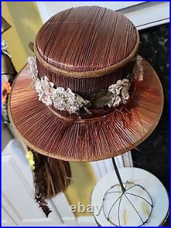 Antique Lady Wide Brim Hat Woven Straw Fabric Flowers Gold Metalic Fabric 1900