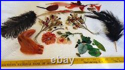 Antique Millinery Flowers Lot Silk, Velvet, Wax, Feathers