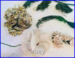 Antique Millinery Flowers, Silk, Velvet, Wax, Bird, Feathers, Ribbonwork, Green