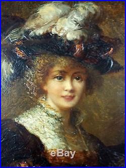 Antique Painting Woman with Hat Oil On Panel Original Old Vintage