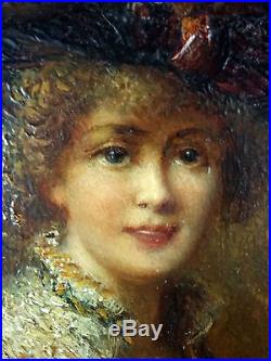 Antique Painting Woman with Hat Oil On Panel Original Old Vintage