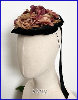 Antique Pre 1900s Black Velvet with Silk Flowers and Bow