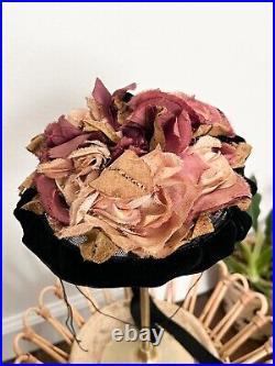 Antique Pre 1900s Black Velvet with Silk Flowers and Bow