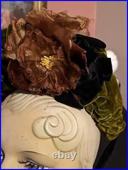 Antique Rare CIVIL War Bonnet Green Velvet With Milinery Flower Wired Frame