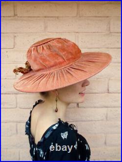 Antique Salmon Velvet Hat Wide Brimmed Victorian Style Striped Ribbon Bow