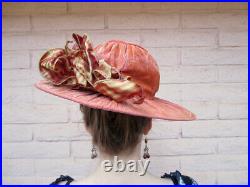 Antique Salmon Velvet Hat Wide Brimmed Victorian Style Striped Ribbon Bow