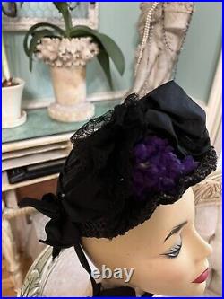 Antique Straw Regency Victorian 1800's Straw Formal Bonnet Ribbons Lace Violets