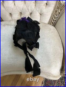 Antique Straw Regency Victorian 1800's Straw Formal Bonnet Ribbons Lace Violets