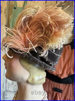 Antique UNWORN Woman's Plumed Titantic Edwardian Hat Velvet Pink Coral, Metallic