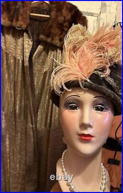Antique UNWORN Woman's Plumed Titantic Edwardian Hat Velvet Pink Coral, Metallic