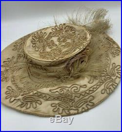 Antique VICTORIAN EDWARDIAN HAT Tan Silk Wide Brim Soutache Trim Feathers Rare