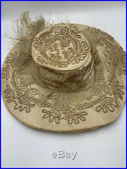 Antique VICTORIAN EDWARDIAN HAT Tan Silk Wide Brim Soutache Trim Feathers Rare