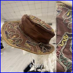 Antique VTG Hat 1920s Straw hat handmade, covered with cinnamon silk