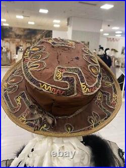 Antique VTG Hat 1920s Straw hat handmade, covered with cinnamon silk