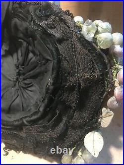 Antique Victorian 1800s Black Silk Hat with Silk & Velvet Millinery Flowers