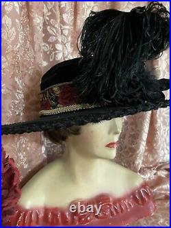 Antique Victorian 1800s Wide Brim Velvet hat with Lovely Rose Band