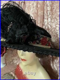 Antique Victorian 1800s Wide Brim Velvet hat with Lovely Rose Band