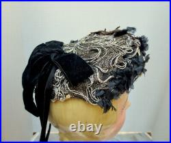 Antique Victorian 1870s Mourning Bonnet Modes Boucicaut Paris Black Velvet Hat