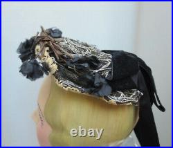 Antique Victorian 1870s Mourning Bonnet Modes Boucicaut Paris Black Velvet Hat