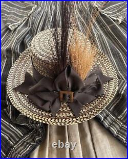 Antique Victorian 1880s Hat Woven Straw Plume Buckle Tall 19th C 1800s