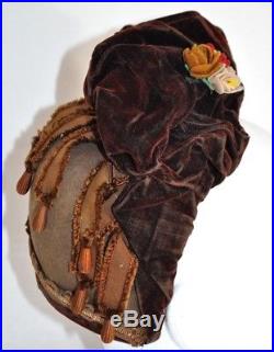 Antique Victorian 1880s Women's Hat Bonnet Velvet Straw Beads Flowers Ribbon