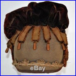 Antique Victorian 1880s Women's Hat Bonnet Velvet Straw Beads Flowers Ribbon
