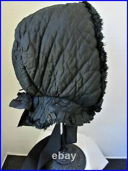 Antique Victorian 1890s Hand Quilted Black Silk Mourning Carriage Bonnet Hat