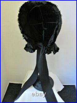 Antique Victorian 1890s Hand Quilted Black Silk Mourning Carriage Bonnet Hat