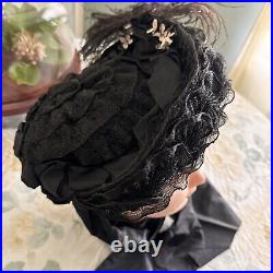 Antique Victorian Black Hat With Flowers And Ribbons