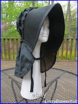 Antique Victorian Black Mourning Poke Bonnet Corded with Sun Apron Amish