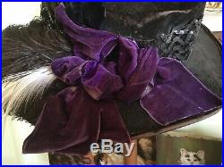 Antique Victorian Black Velvet Hat w Ostrich FeathersSequin BandPurple Ribbon