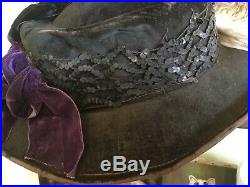 Antique Victorian Black Velvet Hat w Ostrich FeathersSequin BandPurple Ribbon