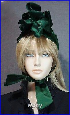 Antique Victorian Bonnet Hat Green Velvet August Petit Rue de la Paix Paris 1886