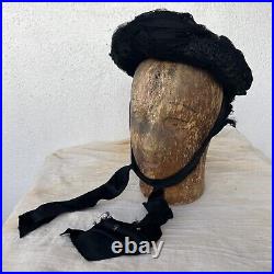 Antique Victorian Bonnet Hat Straw Tulle Net Ribbon Edwardian Mourning Vintage