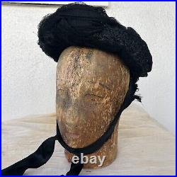 Antique Victorian Bonnet Hat Straw Tulle Net Ribbon Edwardian Mourning Vintage