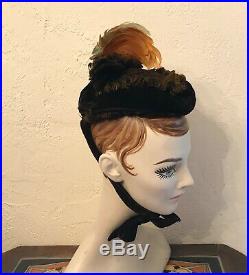 Antique Victorian Brown Velvet Feather Tilt Hat Bonnet Chapeau