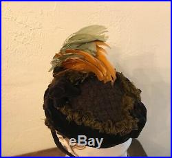 Antique Victorian Brown Velvet Feather Tilt Hat Bonnet Chapeau