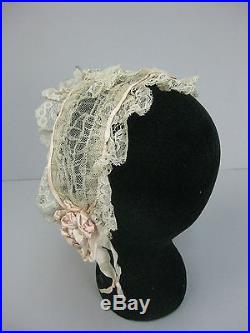 Antique Victorian Civil War era lace net cap headdress with silk ribbons