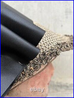 Antique Victorian Cream &Black Straw Bonnet Hat Lace Ribbon Beads Sequin Vintage