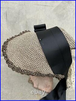 Antique Victorian Cream &Black Straw Bonnet Hat Lace Ribbon Beads Sequin Vintage