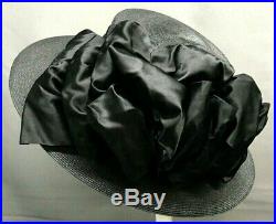 Antique Victorian-Edwardian GIBSON GIRL BLACK STRAW HAT Large Wide Brim