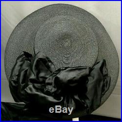 Antique Victorian-Edwardian GIBSON GIRL BLACK STRAW HAT Large Wide Brim