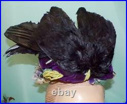 Antique Victorian Edwardian Straw Flowers Lrg Black Bird Feathers Wing Dress Hat