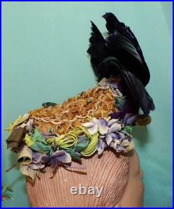 Antique Victorian Edwardian Straw Flowers Lrg Black Bird Feathers Wing Dress Hat