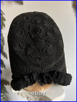 Antique Victorian Era Black Amish Wool Crochet & Knit Mourning Bonnet