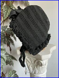 Antique Victorian Era Black Amish Wool Crochet & Knit Mourning Bonnet