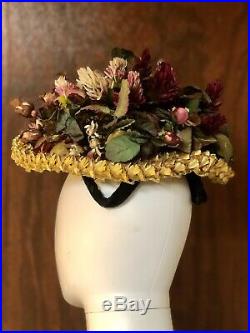 Antique Victorian Hat 1890s Straw Millinery Flowers Velvet Museum Quality