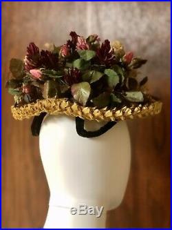 Antique Victorian Hat 1890s Straw Millinery Flowers Velvet Museum Quality